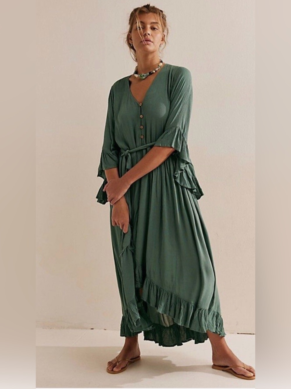 Free People Teal Maxi Dress with Wood Buttons
